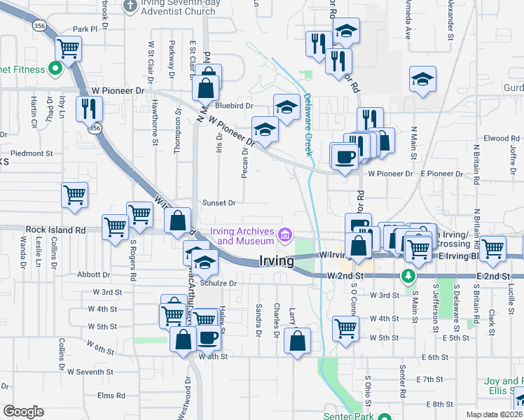 map of restaurants, bars, coffee shops, grocery stores, and more near in Irving