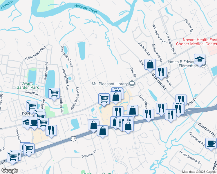 map of restaurants, bars, coffee shops, grocery stores, and more near 956 Mathis Ferry Road in Mount Pleasant