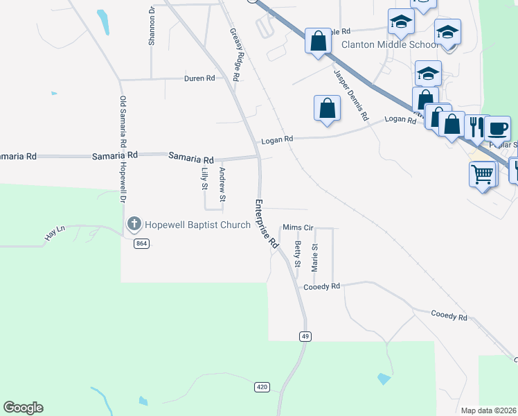 map of restaurants, bars, coffee shops, grocery stores, and more near 1431 Enterprise Road in Clanton