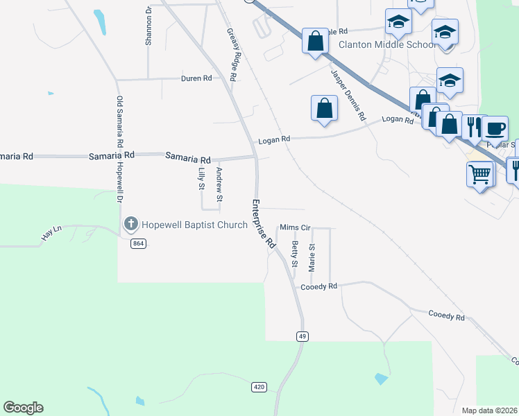 map of restaurants, bars, coffee shops, grocery stores, and more near 1431-1439 Enterprise Road in Clanton