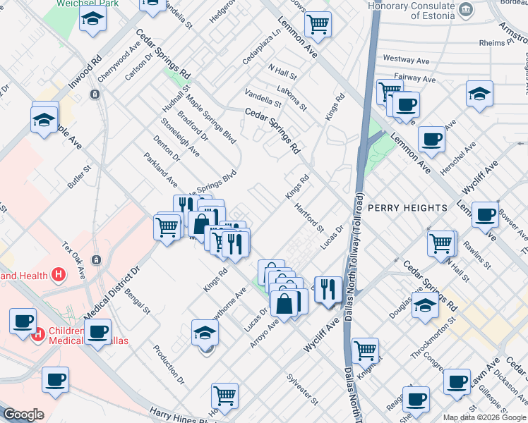 map of restaurants, bars, coffee shops, grocery stores, and more near 4712 Denton Drive in Dallas