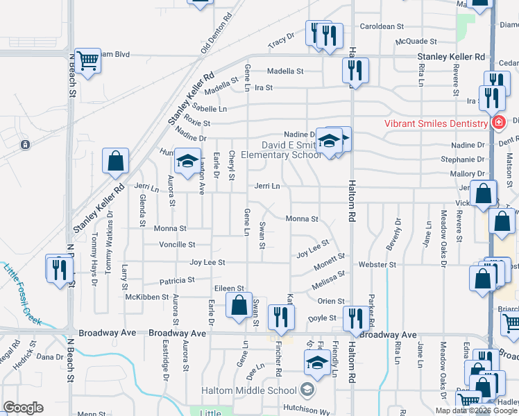 map of restaurants, bars, coffee shops, grocery stores, and more near 3616 Gene Lane in Fort Worth