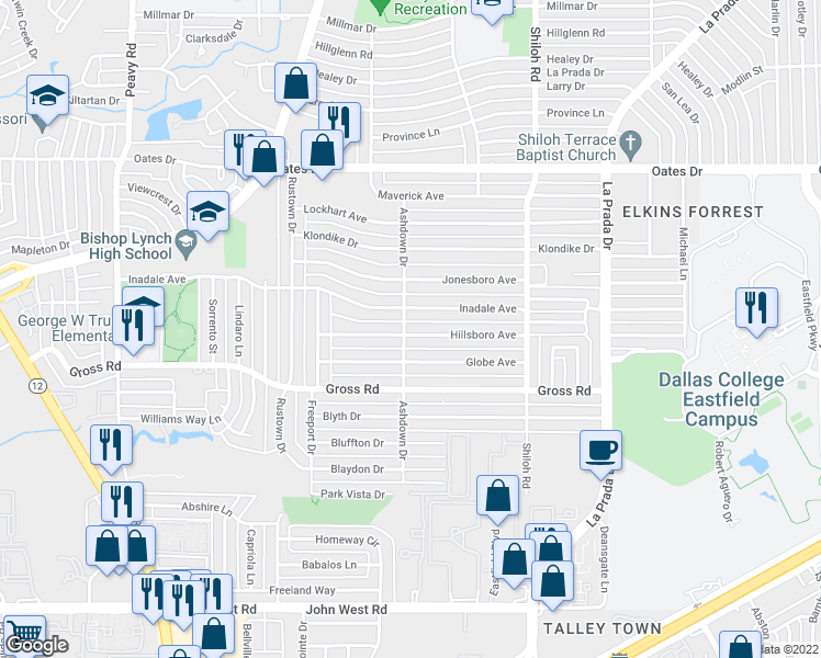 map of restaurants, bars, coffee shops, grocery stores, and more near 2505 Hillsboro Avenue in Dallas