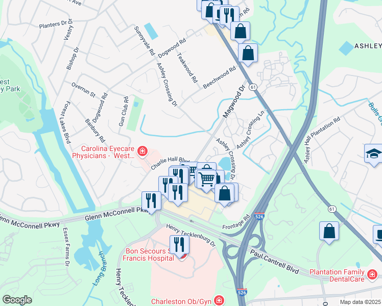 map of restaurants, bars, coffee shops, grocery stores, and more near 2030 Charlie Hall Boulevard in Charleston