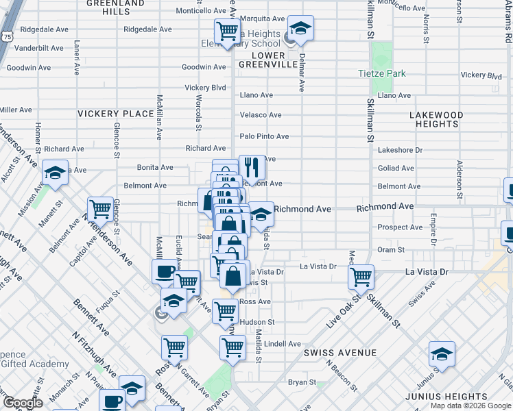 map of restaurants, bars, coffee shops, grocery stores, and more near 2118 Matilda Street in Dallas