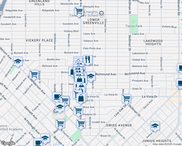 map of restaurants, bars, coffee shops, grocery stores, and more near 5735 Richmond Avenue in Dallas