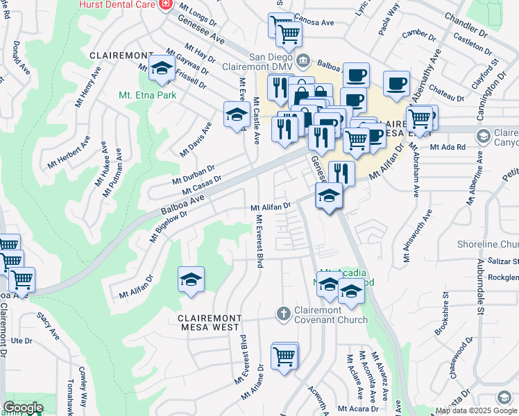 map of restaurants, bars, coffee shops, grocery stores, and more near Mt Alifan Dr in San Diego