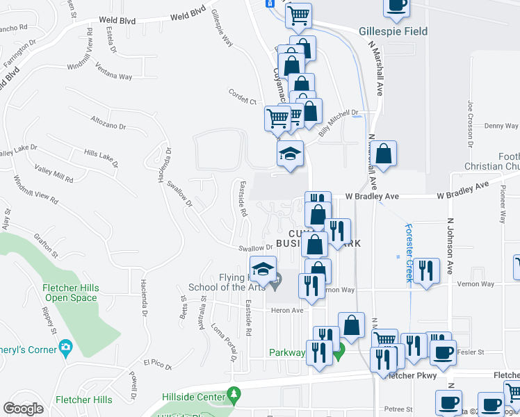 map of restaurants, bars, coffee shops, grocery stores, and more near 1455 Swift Lane in El Cajon