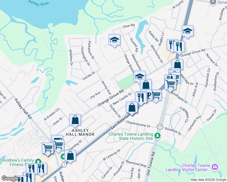 map of restaurants, bars, coffee shops, grocery stores, and more near 1329 Orange Grove Road in Charleston