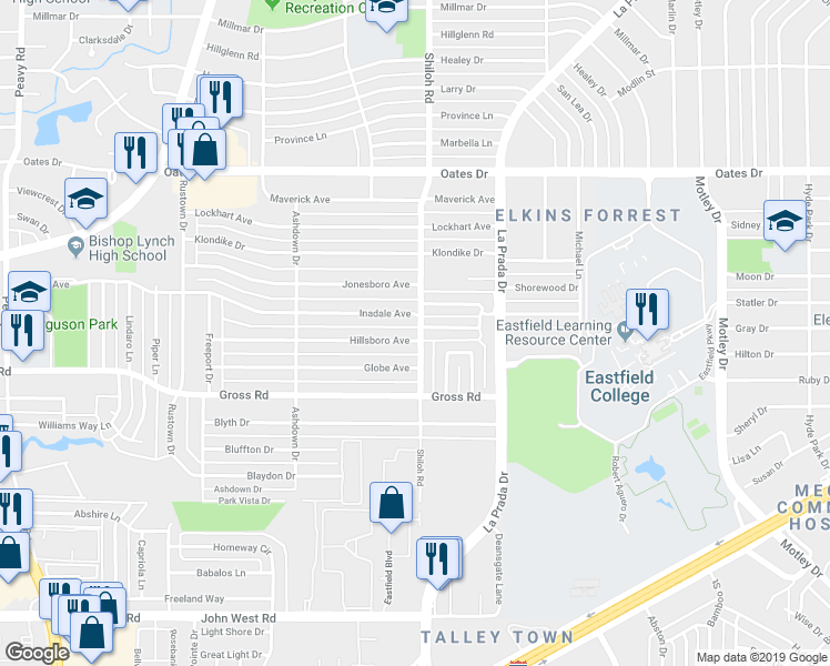 map of restaurants, bars, coffee shops, grocery stores, and more near 2655 Hillsboro Avenue in Dallas