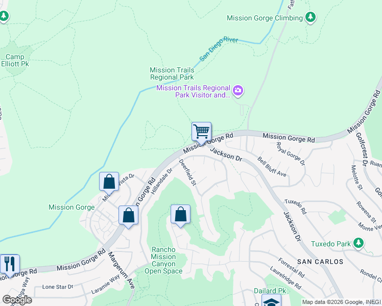 map of restaurants, bars, coffee shops, grocery stores, and more near 8128 Hillandale Drive in San Diego