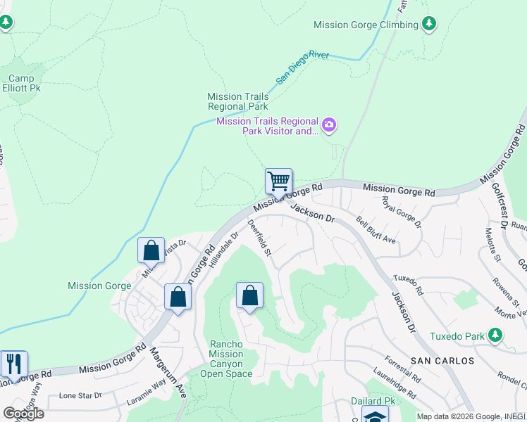 map of restaurants, bars, coffee shops, grocery stores, and more near 8128 Hillandale Drive in San Diego