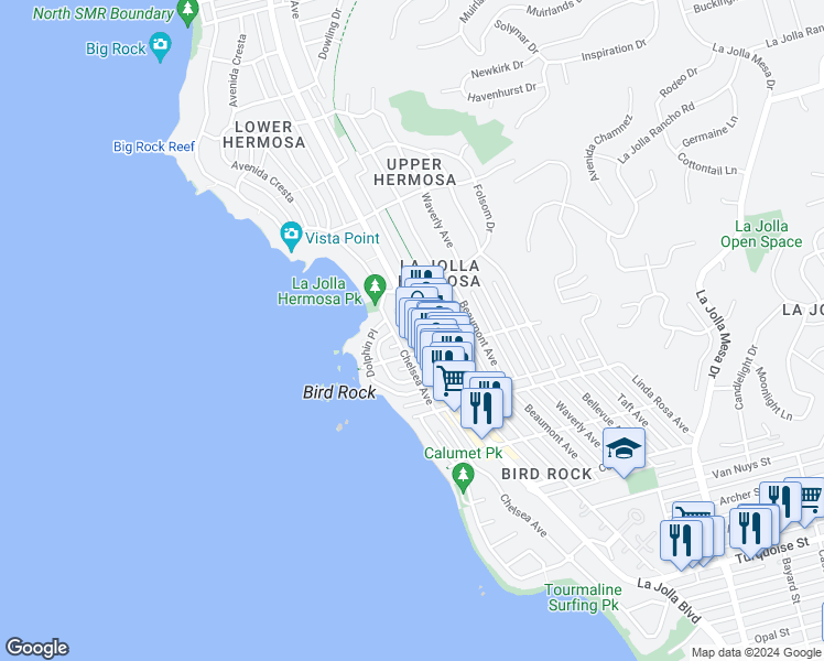 map of restaurants, bars, coffee shops, grocery stores, and more near 5726 La Jolla Boulevard in San Diego