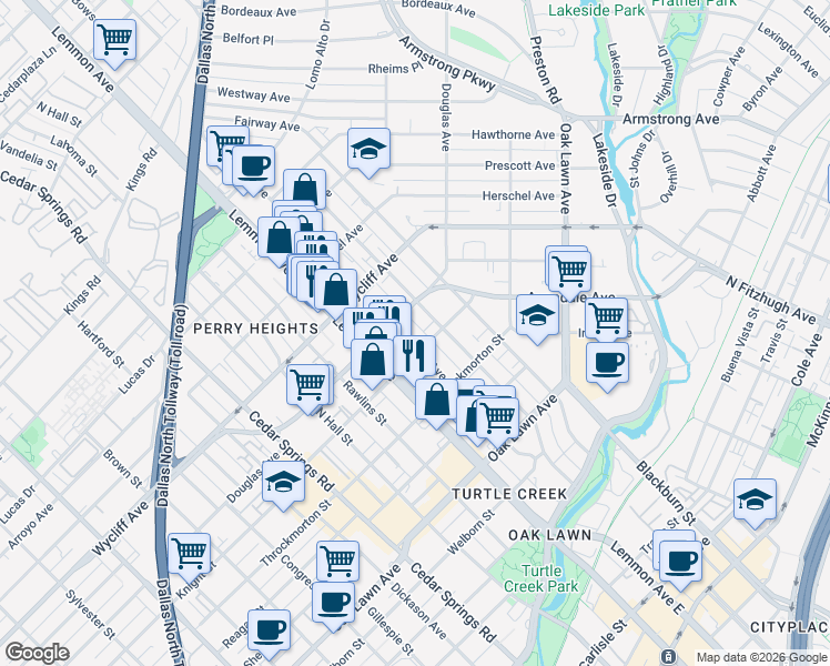 map of restaurants, bars, coffee shops, grocery stores, and more near 4112 Bowser Avenue in Dallas