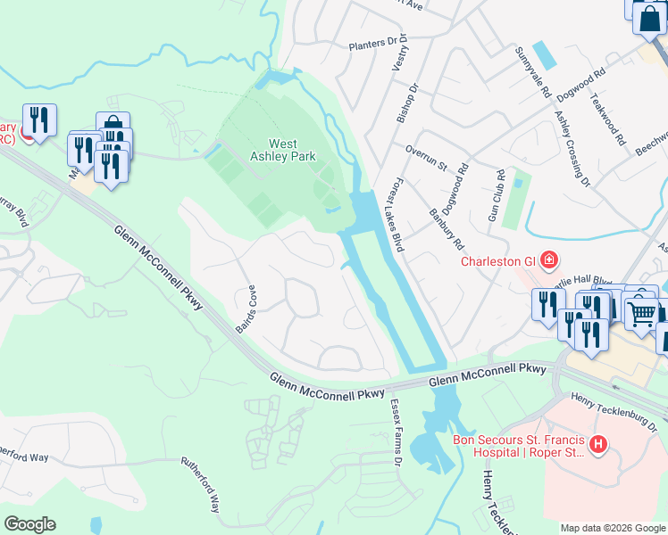 map of restaurants, bars, coffee shops, grocery stores, and more near 1721 Wayah Drive in Charleston