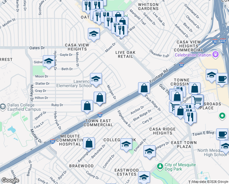 map of restaurants, bars, coffee shops, grocery stores, and more near 3219 Rockne Lane in Mesquite