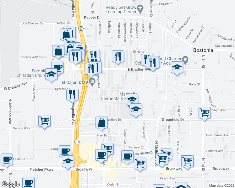 map of restaurants, bars, coffee shops, grocery stores, and more near 325 East Bradley Avenue in El Cajon