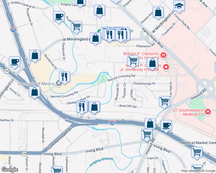 map of restaurants, bars, coffee shops, grocery stores, and more near 1530 Record Crossing Road in Dallas