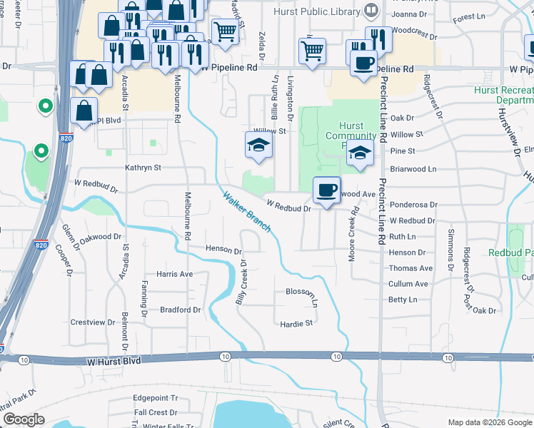 map of restaurants, bars, coffee shops, grocery stores, and more near 941 West Redbud Drive in Hurst