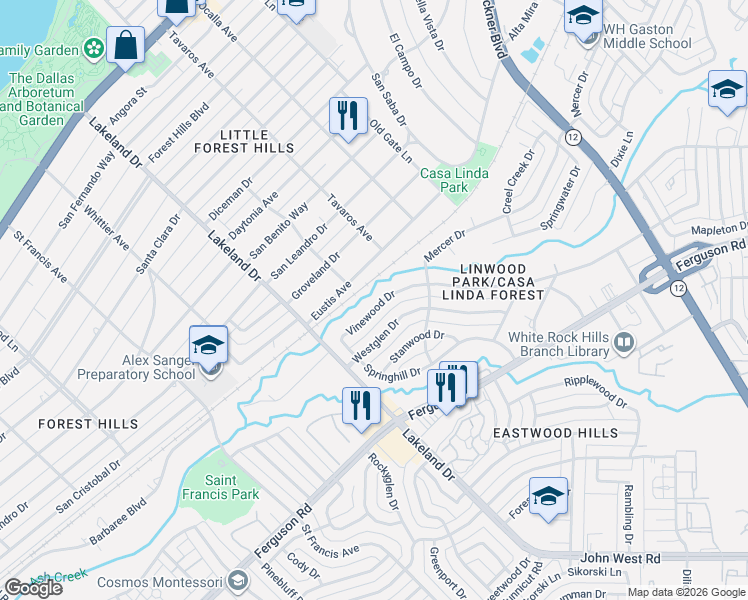 map of restaurants, bars, coffee shops, grocery stores, and more near 8731 Vinewood Drive in Dallas