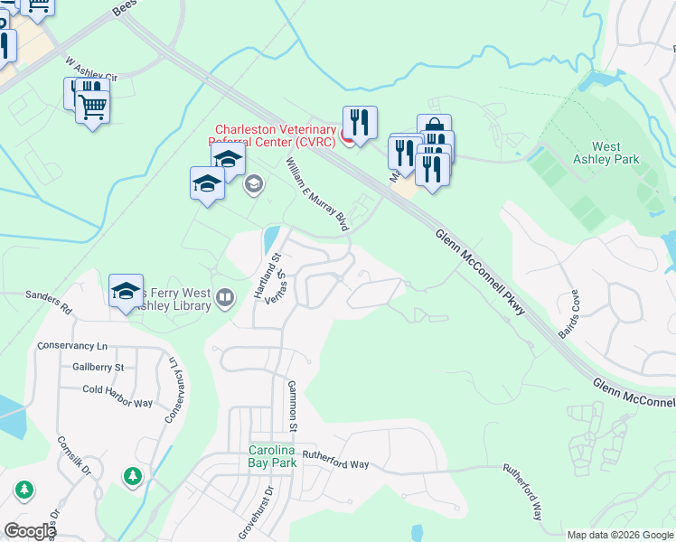 map of restaurants, bars, coffee shops, grocery stores, and more near 4206 Scharite Street in Charleston
