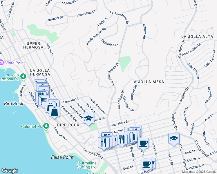 map of restaurants, bars, coffee shops, grocery stores, and more near 5602 Ladybird Lane in San Diego