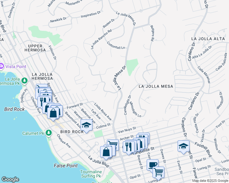 map of restaurants, bars, coffee shops, grocery stores, and more near 5602 Ladybird Lane in San Diego