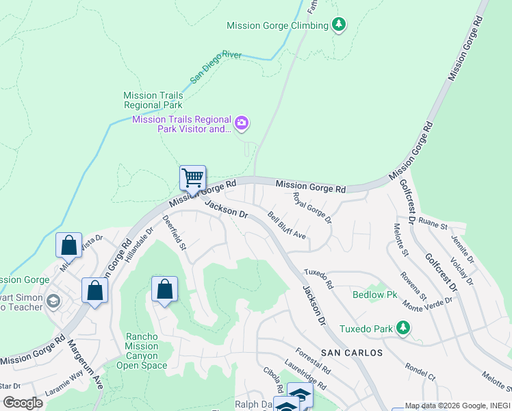 map of restaurants, bars, coffee shops, grocery stores, and more near 6510 Bell Bluff Avenue in San Diego