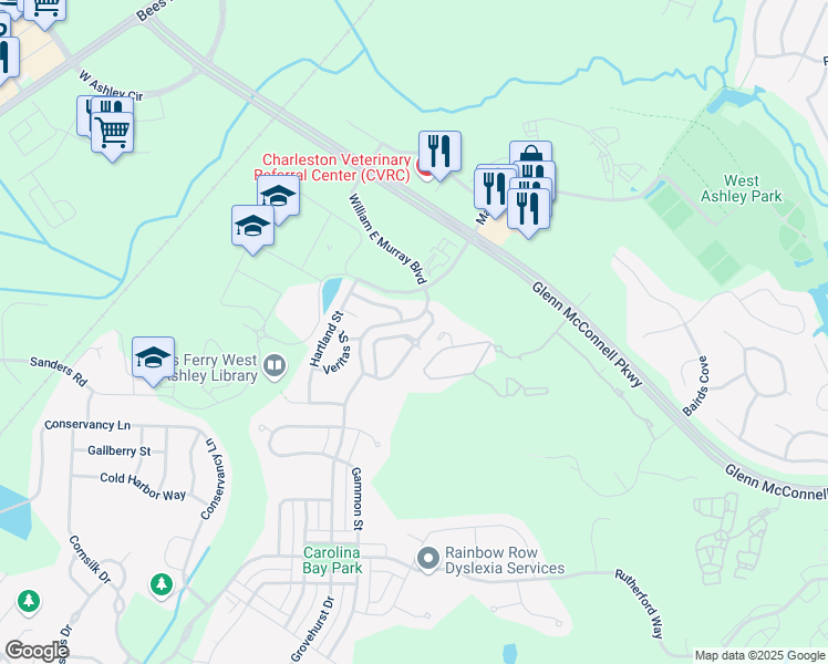 map of restaurants, bars, coffee shops, grocery stores, and more near 4206 Scharite Street in Charleston