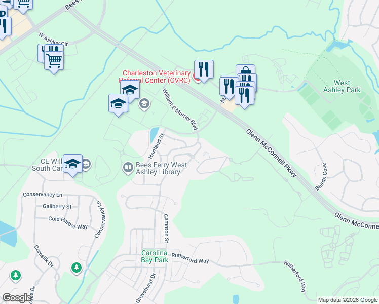 map of restaurants, bars, coffee shops, grocery stores, and more near 4206 Scharite Street in Charleston