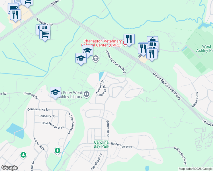 map of restaurants, bars, coffee shops, grocery stores, and more near 4218 Climbing Tree Court in Charleston