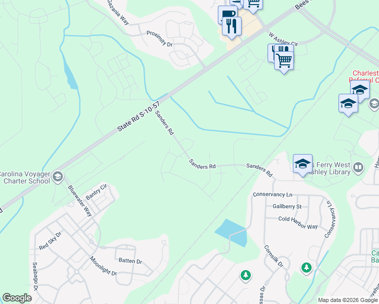 map of restaurants, bars, coffee shops, grocery stores, and more near 3190 Sanders Road in Charleston