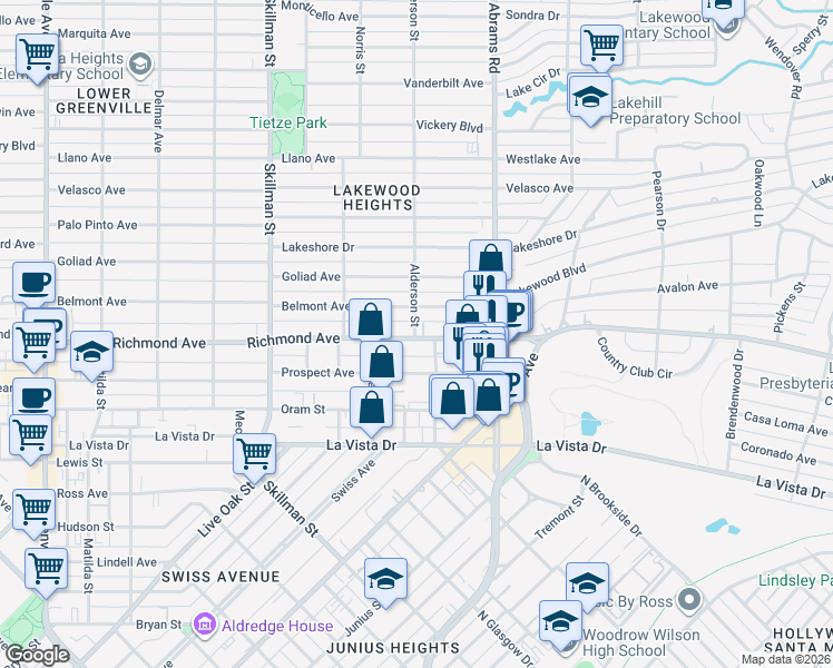 map of restaurants, bars, coffee shops, grocery stores, and more near 6262 Belmont Avenue in Dallas