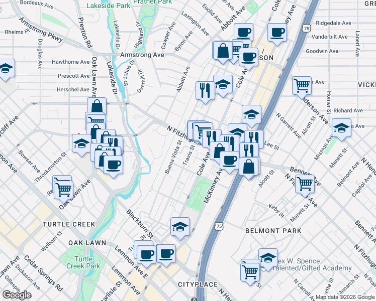 map of restaurants, bars, coffee shops, grocery stores, and more near 4143 Buena Vista Street in Dallas