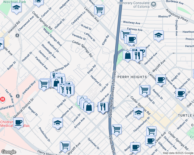 map of restaurants, bars, coffee shops, grocery stores, and more near 4605 Raleigh Street in Dallas