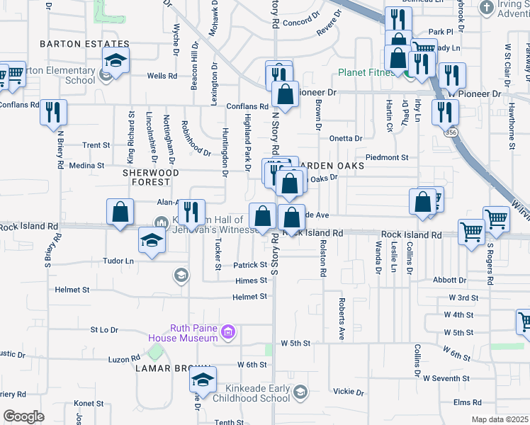 map of restaurants, bars, coffee shops, grocery stores, and more near 201 North Story Road in Irving
