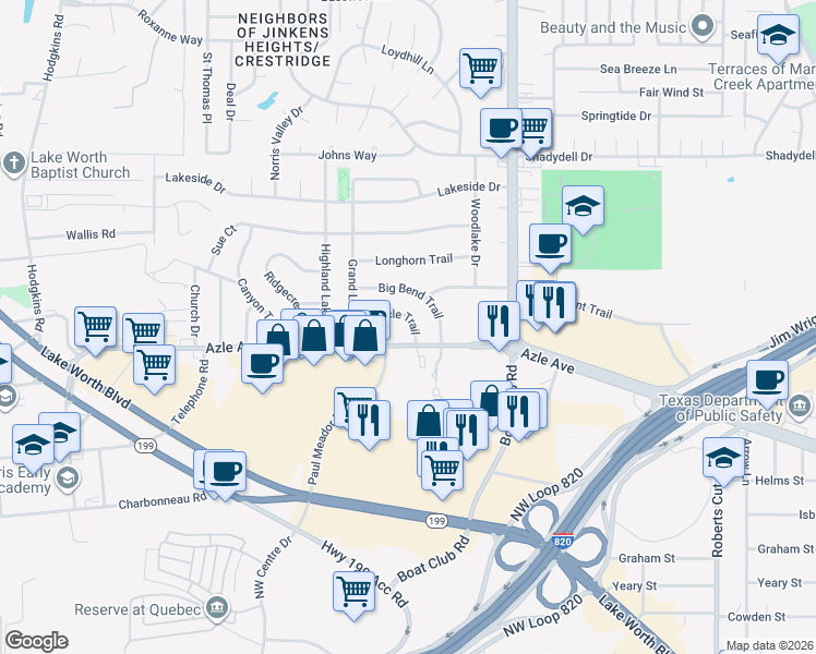 map of restaurants, bars, coffee shops, grocery stores, and more near 4117 Big Bend Trail in Fort Worth