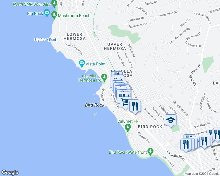 map of restaurants, bars, coffee shops, grocery stores, and more near 5741 Chelsea Avenue in San Diego