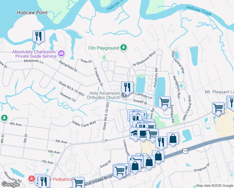 map of restaurants, bars, coffee shops, grocery stores, and more near 93 Jane Jacobs Street in Mount Pleasant