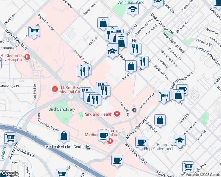 map of restaurants, bars, coffee shops, grocery stores, and more near 2311 Butler Street in Dallas