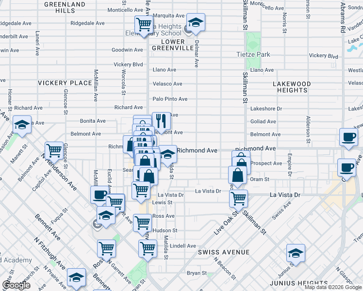 map of restaurants, bars, coffee shops, grocery stores, and more near 5834 Belmont Avenue in Dallas