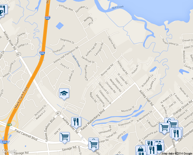 map of restaurants, bars, coffee shops, grocery stores, and more near 1881 Sandcroft Drive in Charleston