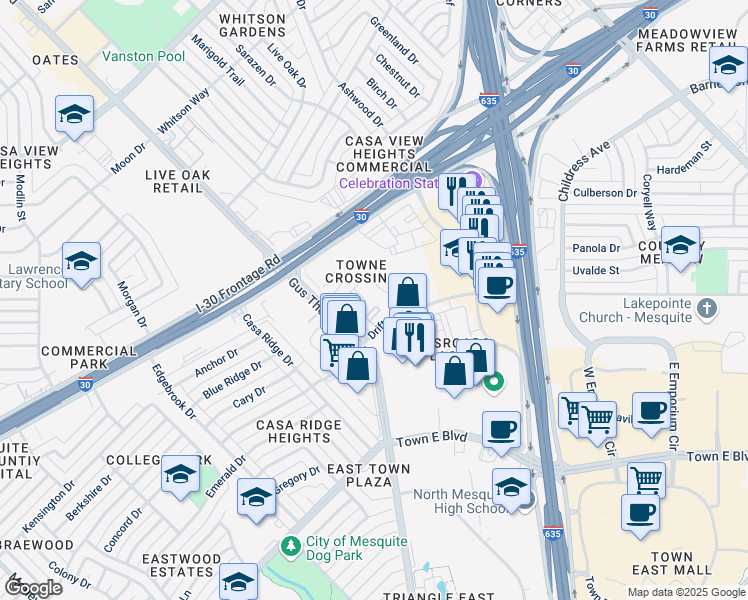 map of restaurants, bars, coffee shops, grocery stores, and more near 3756 Gus Thomasson Road in Mesquite