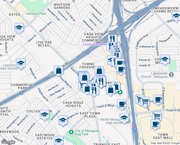 map of restaurants, bars, coffee shops, grocery stores, and more near 3740 Gus Thomasson Road in Mesquite