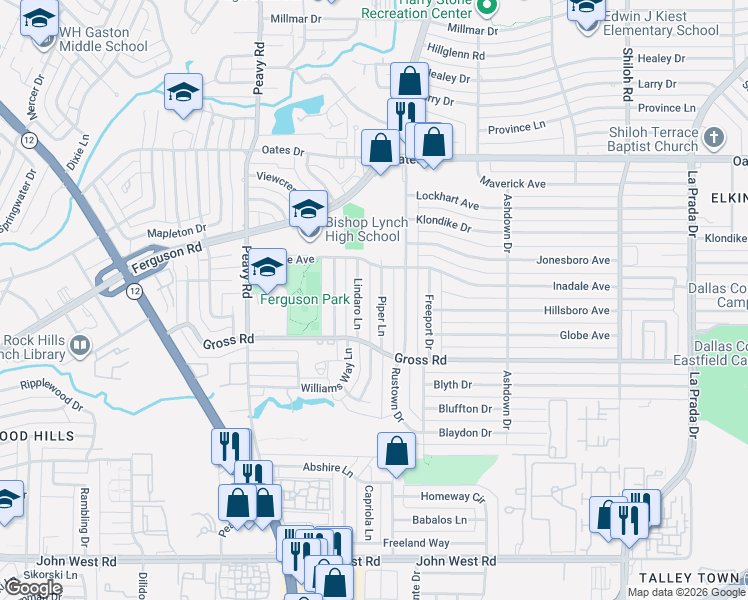 map of restaurants, bars, coffee shops, grocery stores, and more near 9208 Lindaro Lane in Dallas