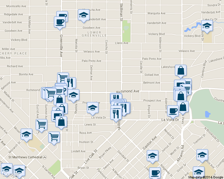 map of restaurants, bars, coffee shops, grocery stores, and more near 6002 Belmont Avenue in Dallas