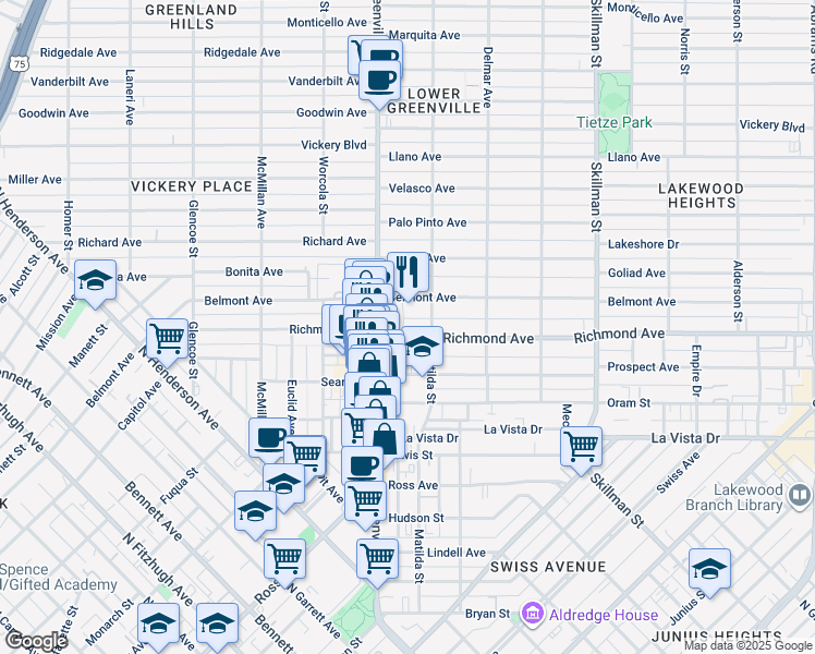 map of restaurants, bars, coffee shops, grocery stores, and more near 2222 Greenville Avenue in Dallas