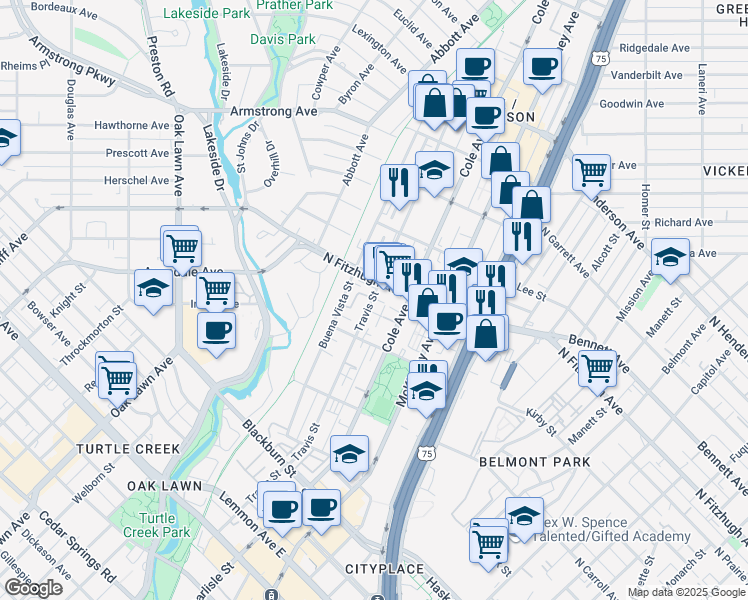 map of restaurants, bars, coffee shops, grocery stores, and more near 3247 North Fitzhugh Avenue in Dallas