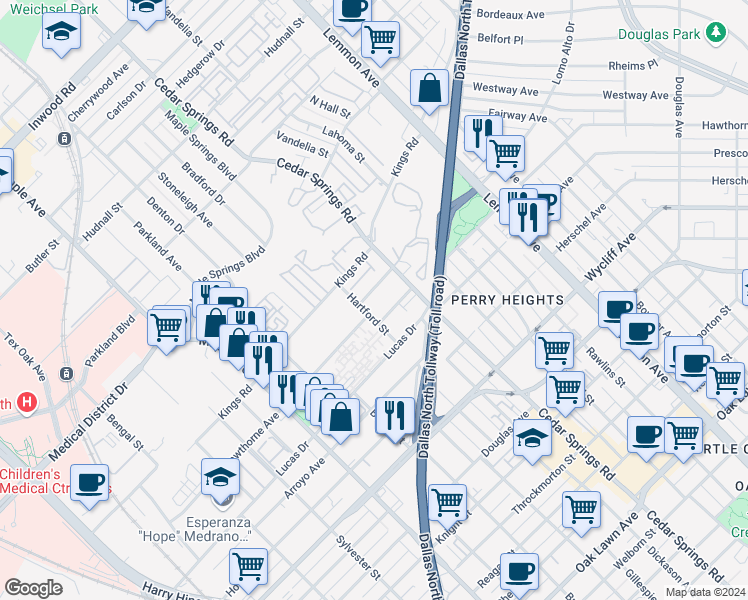 map of restaurants, bars, coffee shops, grocery stores, and more near 4605 Raleigh Street in Dallas