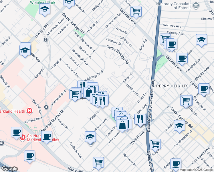 map of restaurants, bars, coffee shops, grocery stores, and more near 2714 Minert Street in Dallas
